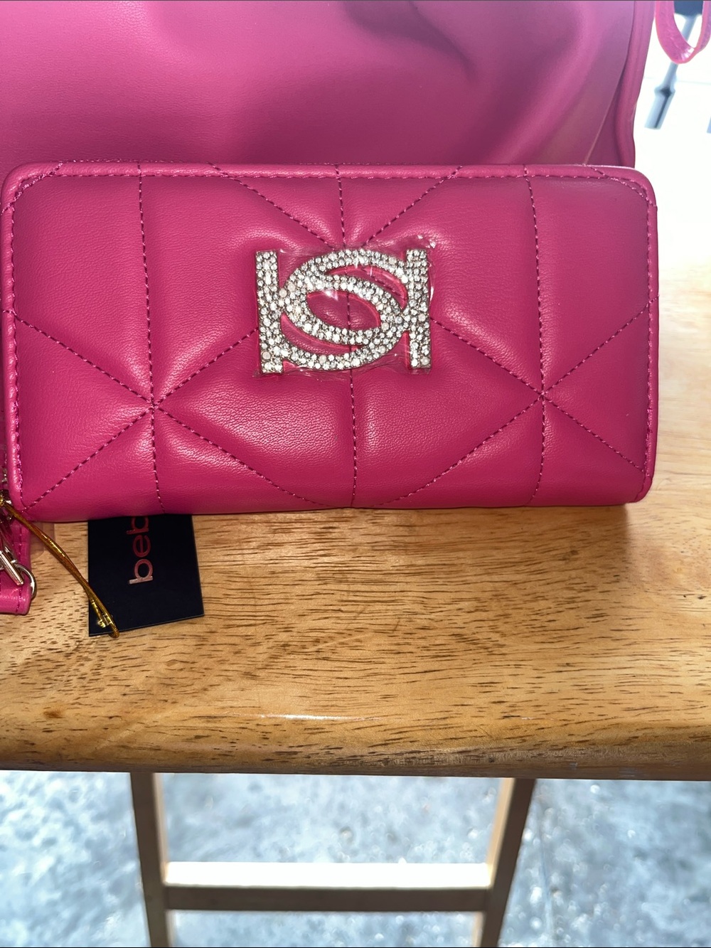 bebe Hot Pink Quilted Wallet and Drawstring Shoulder Bag Set - Picture 2 of 5